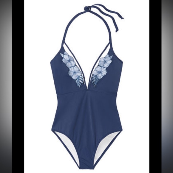 Victoria's Secret Pink Navy Strappy Floral Halter One Piece Swimsuit M - Picture 1 of 8